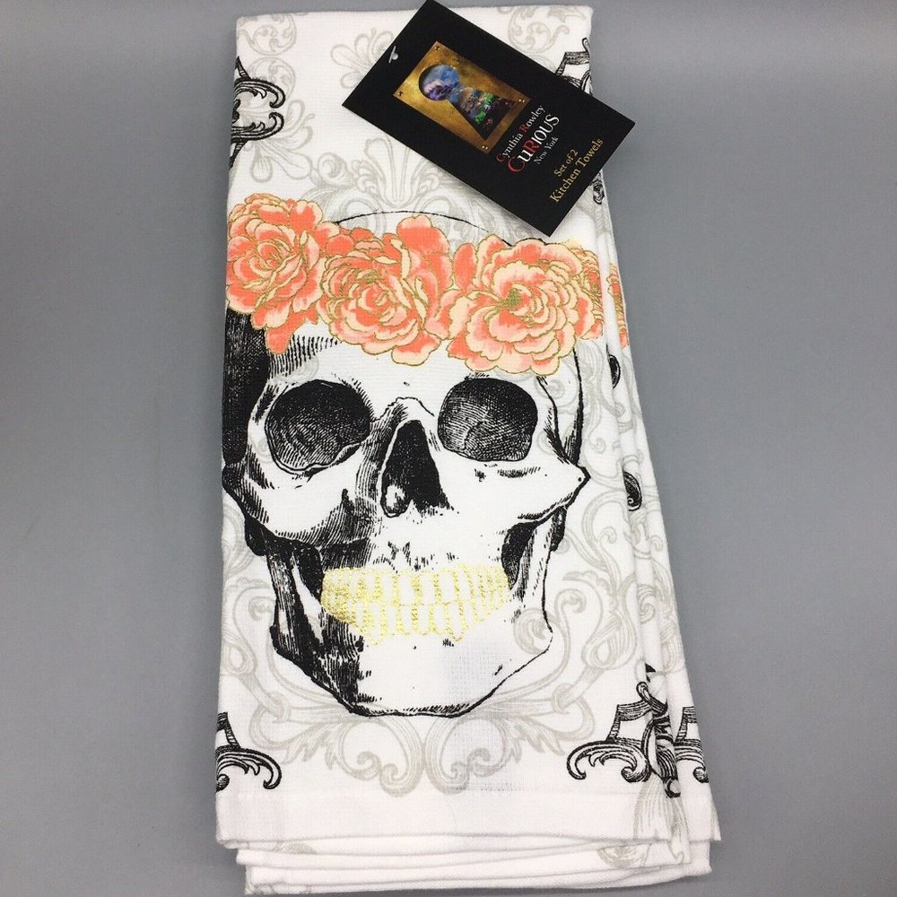 x4 Cynthia Rowley Sugar Skull Rose Terry Kitchen Towel Set Gold Day of the Dead